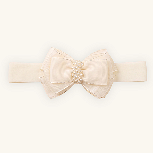 Faixa de Cabelo Bebê Laço Duplo Pérolas Brilho Meia Seda Off White