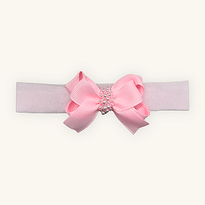 Faixa de Cabelo Bebê Laço Duplo Pérolas Rosa Meia Seda