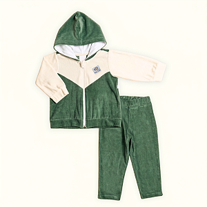 Conjunto 2 Peças Bebê Menino Capuz Plush Verde Cru Urso