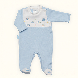 Macacão Bebê Menino Mini Tricot 100% Algodão Transportes Azul e Branco