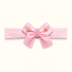Faixa de Meia de Seda Bebê Laço Rosa Bordado Rococó Flores com Pérolas