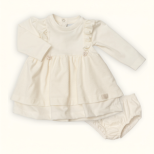 Vestido Bebê Batizado Off-White Meia Malha e Tricozinho Botão Flor