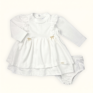 Vestido Bebê Batizado Branco Meia Malha e Tricozinho Laço Dourado