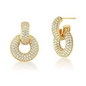 Meia Argola E Elo Cravejado Zircônias Brancas Banhada A Ouro