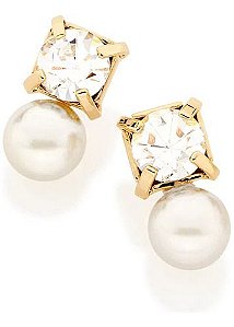 Brinco Folheado A Ouro Com Cristais E Pérolas