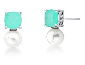 Brinco Quadrado Com Pérola Shell Cristal Banhado A Ródio