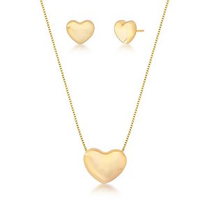 CONJUNTO DE BRINCO E COLAR DE CORAÇÃO ACETINADO LISO