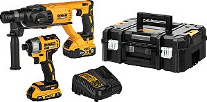 Kit parafusadeira com impacto 1/4" e martelete perfurador SDS PLUS, com 2 baterias 20V, carregador bivolt e maleta, DCK260D1P1T-BR, DEWALT