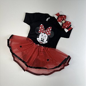 BODY MINNIE PRETO COM VERMELHO + SAIA +LAÇO