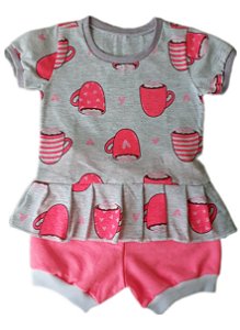 Conjunto Tapa Fralda e Camiseta Rosa Chiclete com Babadinhos G