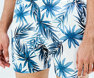 Bermuda Ogochi Boxer Tactel Branco Folhagem Azul: