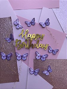 Topo de Bolo: Happy Birthday com borboletas roxas