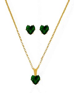 Colar Conjunto Coração Pedra Esmeralda