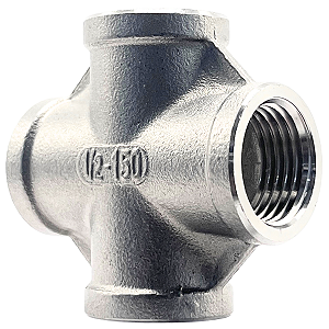 Conexão Cruzeta 1/2 Polegada BSP Aço Inox 304 Rosca Fêmea 4 Vias
