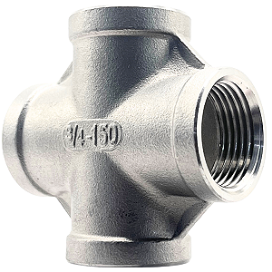 Conexão Cruzeta 3/4 Polegada BSP Aço Inox 304 Rosca Fêmea 4 Vias