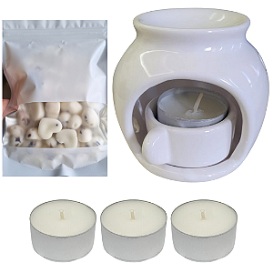 Kit 1 Aromatizador Rechaud Bolinha (Panelinha) Branco + 12 Wax Melts Lavanda + 3 Mini Vela Para Aquecer