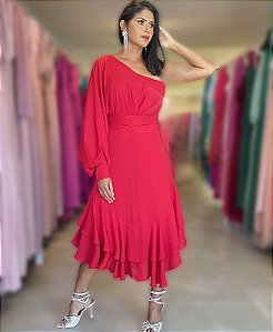 Vestido ombro único manga longa ad midi