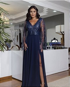 Vestido longo decote V tule bordado