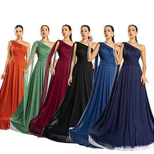 Vestido longo ombro unico manga solta