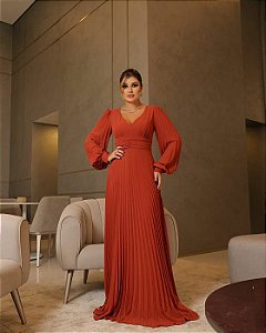 Vestido manga longa plissado