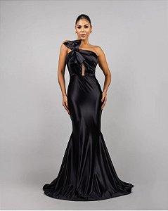 Vestido preto sereia cetin com laço M