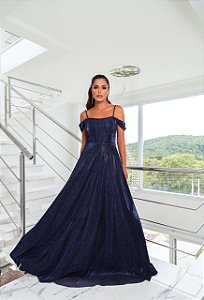Vestido longo ombro a ombro saia gode com armaçao - AZUL SERENITY 42