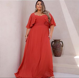 Vestido longo mangas fluidas detalhe flor pd