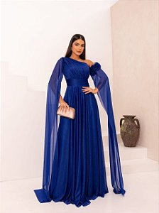 Vestido longo tule brilho ombro unico pontas soltas detalhe flor