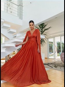 Vestido longo verde musgo vagazo na lateral manga solta  lurex - 42