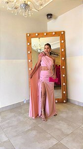 Vestido longo rosa seco ombro unico detalhe ponta solta fenda - 38
