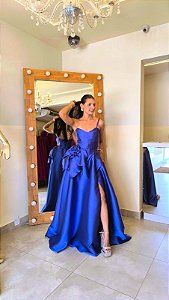 Vestido longo azul royal em zibeline com flor removivel pz - 38