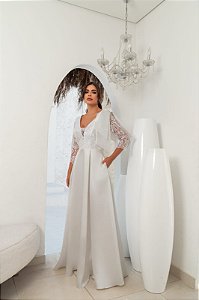 Vestido longo off white zibeline busto em renda ombro PZ - 44