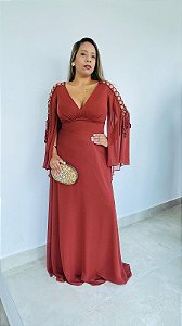 Vestido longo terracota tecido fluido manga flere com detalhes- 44