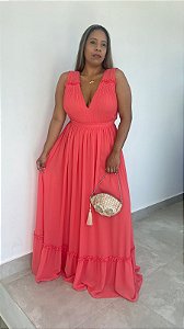 Vestido longo laranja decote V tecido fluido detalhes na saia- 44