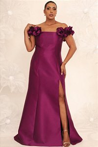 Vestido longo verde oliva ombro a ombro com fenda - 46