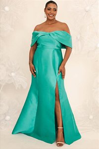 Vestido longo verde tifany zibeline ombro a ombro estilo laço com fenda - 42