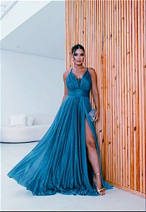 Vestido longo feito em lurex sem brilho decote V