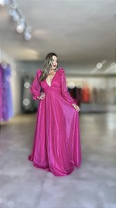 Vestido longo manga longa em tule de lurex com brilho ls