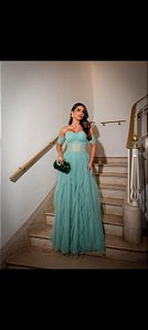 Vestido longo em tule com bilho lavanda -Tam 38 ls