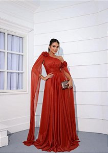 Vestido longo ombro unico mangas soltas