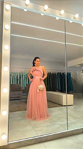 Vestido longo tomara que caia em tule detalhe flor