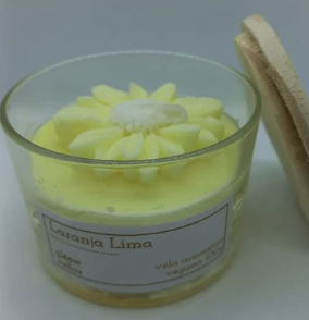 Vela aromática 100g gel com cera e margarida amarela laranja lima