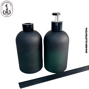 Kit Luxo Frasco de Vidro 350ml Preto/Verde Fosco
