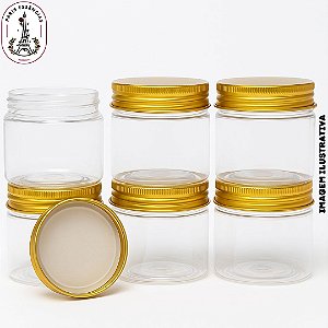 Kit com 6 Potes Plásticos 100ml com Tampa Alumínio Dourada