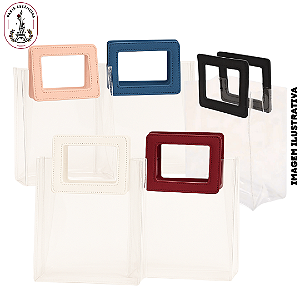 Sacola Transparente em PVC com Alça Quadrada de Couro – 17x15x8cm (unidade)