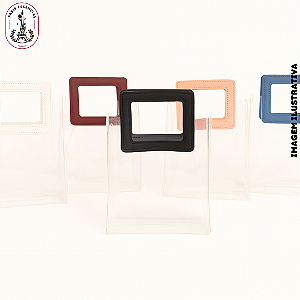 Sacola Transparente em PVC com Alça Quadrada de Couro – 20x18x10cm (unidade)