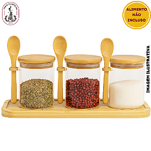 Kit Porta-Tempero com Bandeja Madeira – 3 Potes de 400ml com Tampa e Colher de Bambu