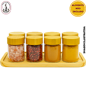 Kit Porta-Tempero com Bandeja Madeira - 8 Potes de 90ml com Tampa de Bambu