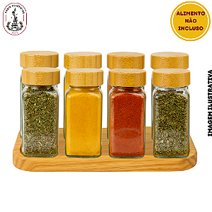Kit Porta-Tempero com Bandeja Madeira - 8 Potes de 120ml com Tampa de Bambu