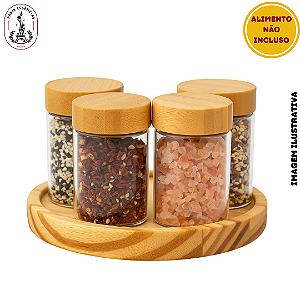 Kit Porta-Tempero com Bandeja Madeira - 4 Potes de 90 com Tampa de Bambu